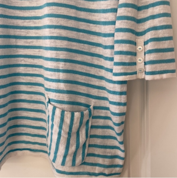 J Jill Striped Linen + Cotton Sweater in Aqua/Turquoise & White - Picture 3 of 6